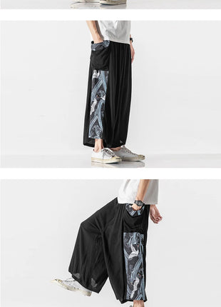 Men's Summer Harajuku Harem Pants Cotton Linen Joggers Mens Calves Length Loose Vintage Japanese Ukiyo-e Print Pants