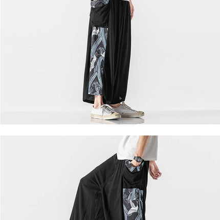 Pantaloni da uomo estivi Harajuku Harem Pantaloni da jogging in cotone di lino Pantaloni al polpaccio da uomo Allentati Costume giapponese vintage Ukiyo-e Pantaloni con stampa