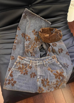 Jeans a gamba larga da donna con ricamo floreale retrò americano, nuovi per la primavera, vestibilità ampia e snellente, pantaloni a tubo dritto, stile per coppie, lunghezza al pavimento