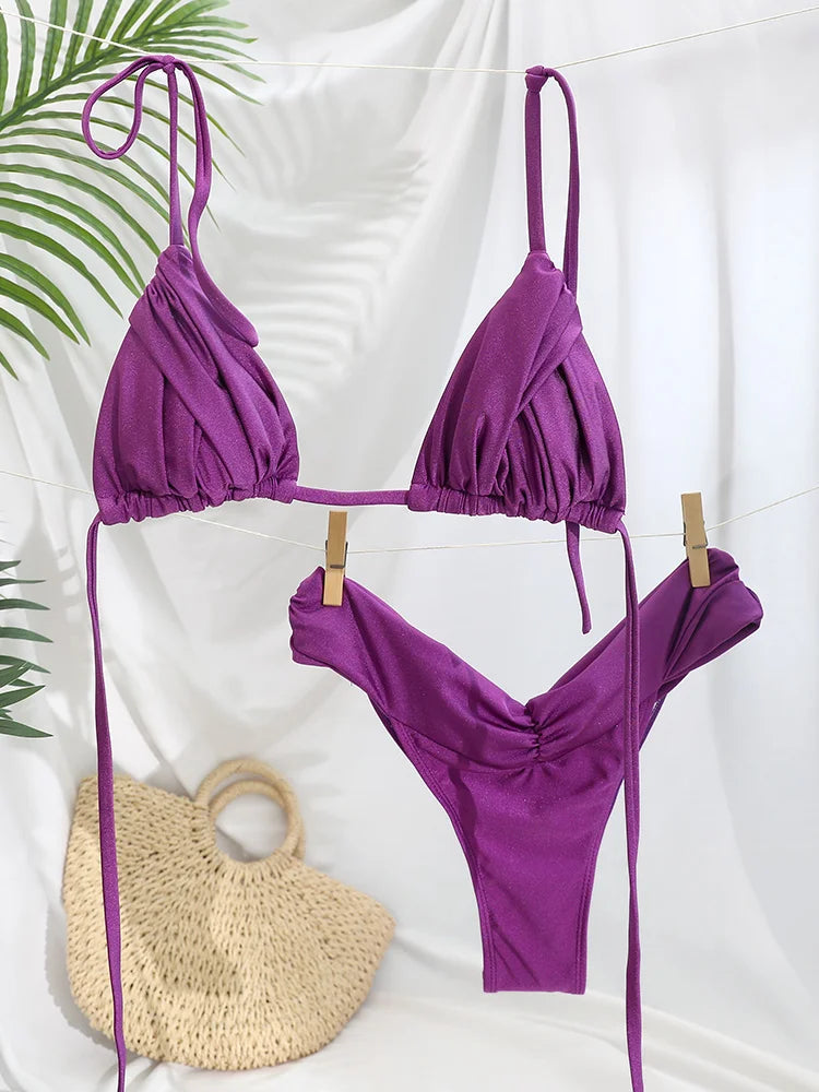 Costume da bagno bikini con pieghe sexy Micro bikini solido Costume da bagno donna Triangolo femminile Costume da bagno da spiaggia platinumshop