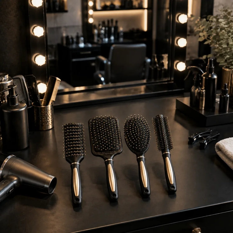Set of 4 Professional Hair Brushes in Black and Gold, Hairdressing Kit with Paddle, Round, Oval and Ventilated Brushes for Detangling and Styling All Hair Types