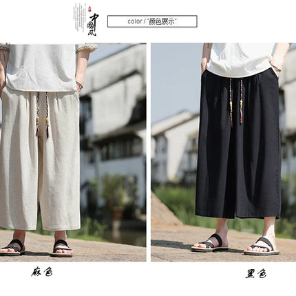 Pantaloncini larghi da uomo Pantaloni casual traspiranti estivi Gamba larga in cotone di lino Taglie forti 5XL Pantaloni Harajuku comodi da esterno da uomo