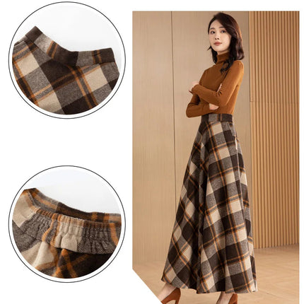 New Women Woolen Plaid Skirt Autumn Winter Fashion Elastic High Waist A-Line Wool Blended Long Skirt Simplicity Vintage Skirt PlatiNum