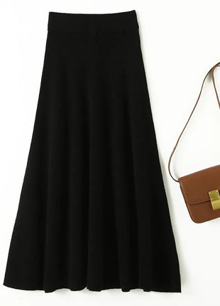 Chic New Women 100% Merino Wool Knitted A Line Skirt Solid Color Autumn Winter High Waist Preppy Style Soft Wool Midi Skirt PlatiNum