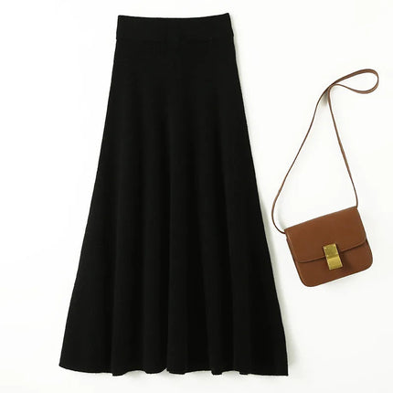 Chic New Women 100% Merino Wool Knitted A Line Skirt Solid Color Autumn Winter High Waist Preppy Style Soft Wool Midi Skirt PlatiNum