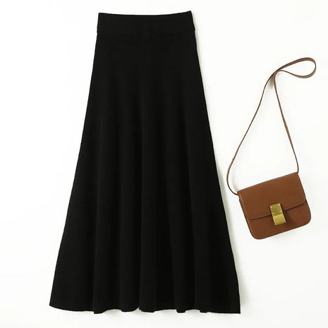 Chic New Women 100% Merino Wool Knitted A Line Skirt Solid Color Autumn Winter High Waist Preppy Style Soft Wool Midi Skirt PlatiNum