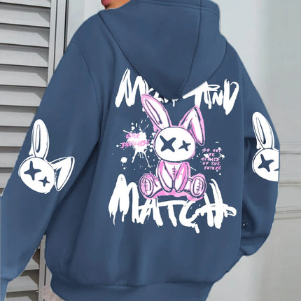Mix And Match Cartoon Rabbit Prints Women Hoodie Pocket Streetwear Harajuku Loose Hoody All-Match Fleece Female Clothing