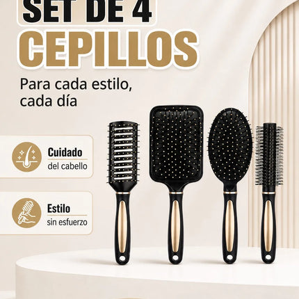 Set of 4 Professional Hairbrushes for Detangling and Styling, Set of Pneumatic and Skeleton Brushes for Straight, Curly or Wavy Hair, Black with Gold