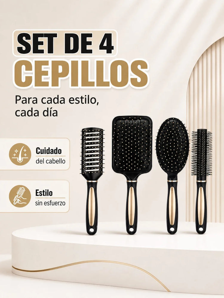 Set of 4 Professional Hairbrushes for Detangling and Styling, Set of Pneumatic and Skeleton Brushes for Straight, Curly or Wavy Hair, Black with Gold
