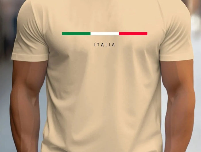 Men's Summer Short-Sleeved Sports T-Shirt with ITALY Print, Casual Loose Fashion Round Neck in Polyester Fabric