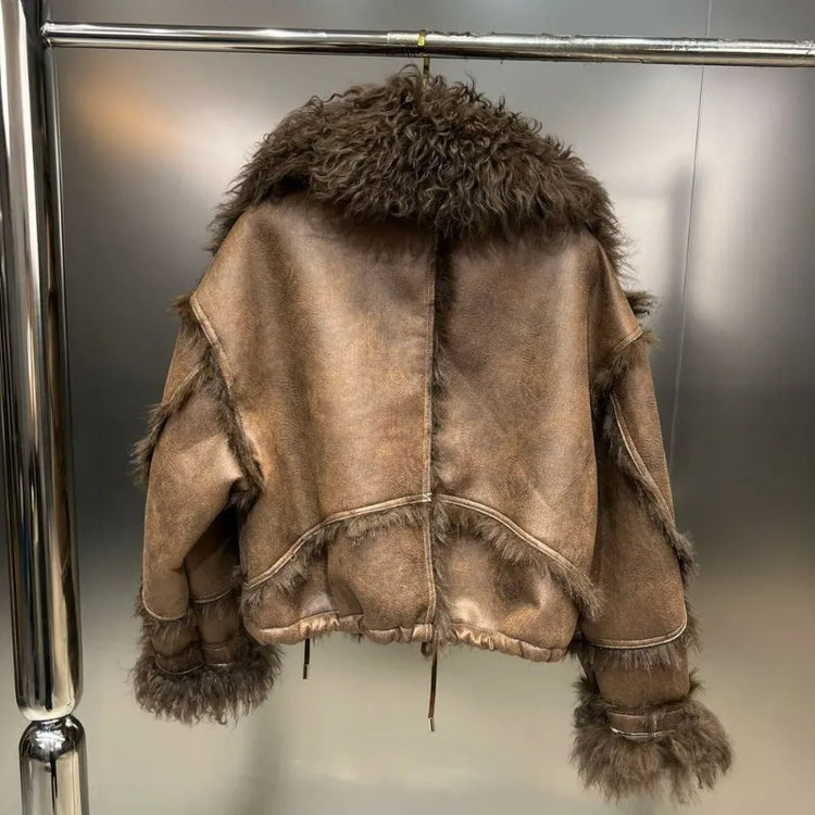 Winter Faux Lambskin Lapel Long-sleeved Inner Liner Thickened Fur One-piece Cotton-padded Jacket Street Fashion Warm Women Coat