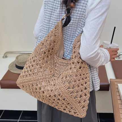 Women's Woven Straw Tote Bag Large Capacity, Summer Beach Vacation Bag, Fashionable Shoulder Bag for Commuting