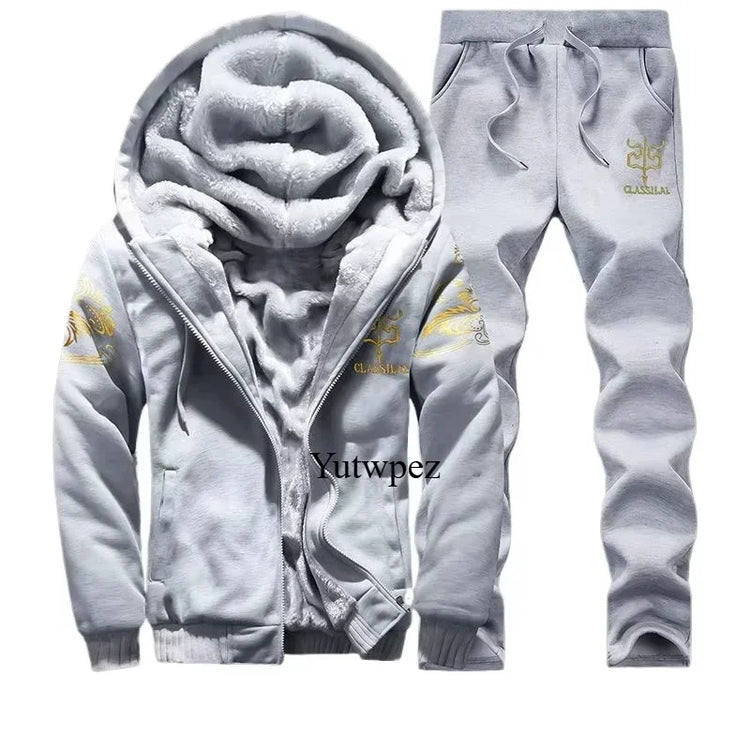 M-6XL Men's Winter 2 Piece Tracksuit Set, Thickened Warm Hooded Coat & Sweater, Outdoor Hiking Cycling Camping Running Outerwear