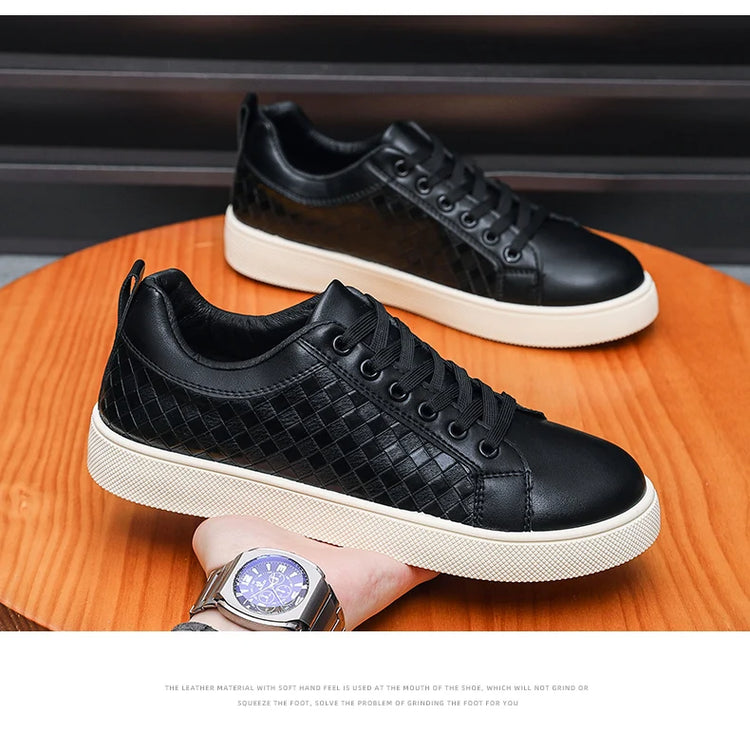 Men Low Top Leather Casual Shoes Lace-up Fashion Sneakers Black Embossed Plaid Upper Non Slip Flat Daily Wear Board Footwear
