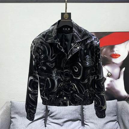 Mauroicardi Spring Autumn Cool Short Black Shiny Geometric Faux Leather Jacket Men Zipper Stylish Luxury Designer Clothes
