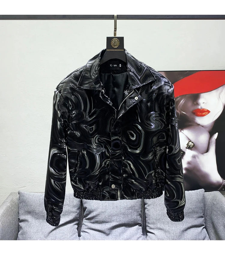 Mauroicardi Spring Autumn Cool Short Black Shiny Geometric Faux Leather Jacket Men Zipper Stylish Luxury Designer Clothes