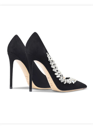 Scarpe da donna di lusso 2024 nuove pompe da donna in cristallo nero scamosciato scarpe a punta con strass tacchi alti moda Stiletto luxury Party Wo platinumshop