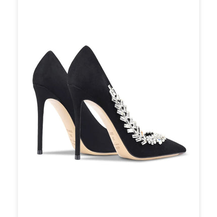 Scarpe da donna di lusso 2024 nuove pompe da donna in cristallo nero scamosciato scarpe a punta con strass tacchi alti moda Stiletto luxury Party Wo platinumshop