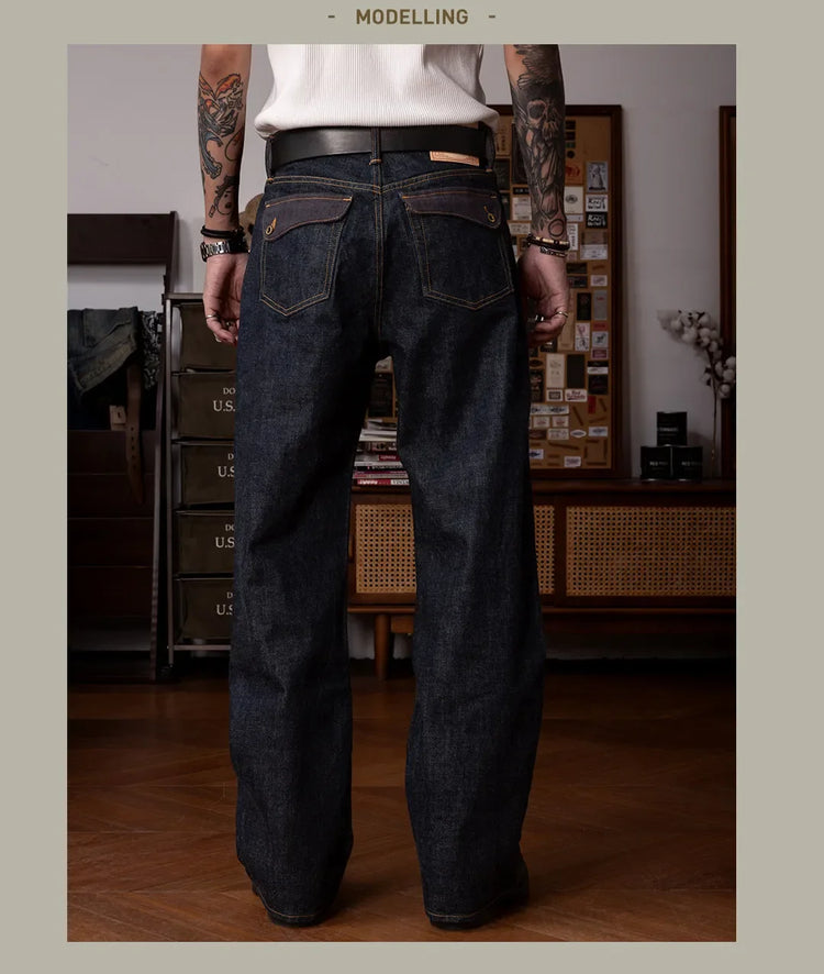 Red Tornado Retro Heavy 18oz Raw Selvedge Denim Pants Sanforized Button Fly High Waist Flap Pocket Carpenter Style Jeans