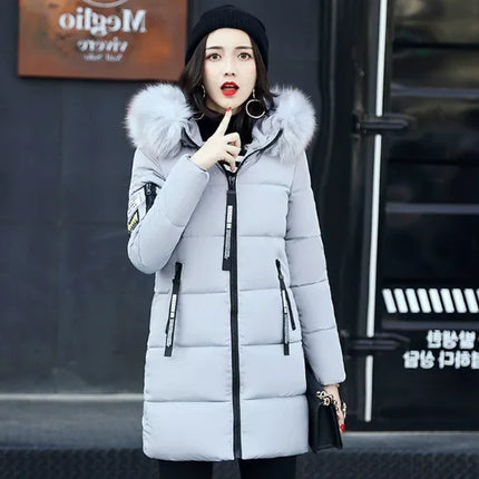 Women Winter Fur Collar Hooded Parka Coats Fashion Letter Patch Zipper Long Jacket Elegant Slim Warm Thick Female Snow Outerwear