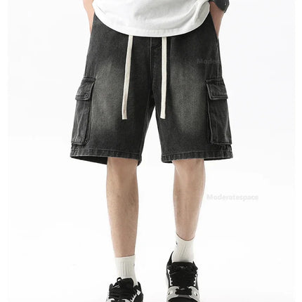 Pantaloncini di jeans alla moda retrò estivi per uomo Jeans corti multitasche larghi con gamba dritta con elastico in vita e coulisse da uomo