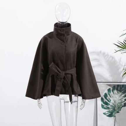 Faux Fur Cloak Jackets Women Loose Standneck Three Button Wide Sleeves Belt Coats Female 2026 Autumn Solid Chic Fashion Outwears