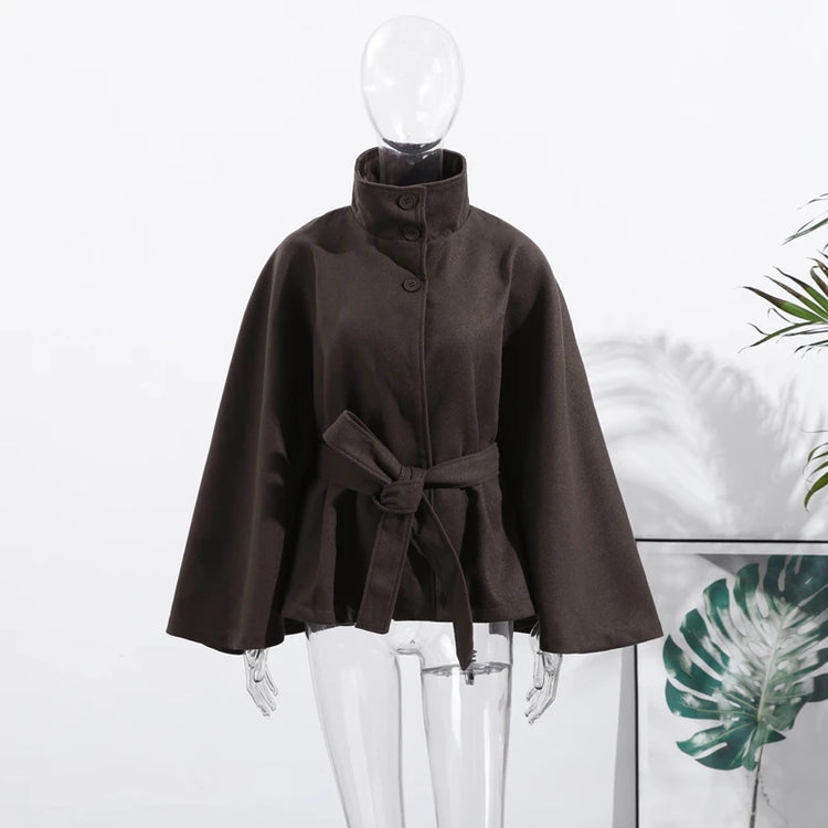 Faux Fur Cloak Jackets Women Loose Standneck Three Button Wide Sleeves Belt Coats Female 2026 Autumn Solid Chic Fashion Outwears