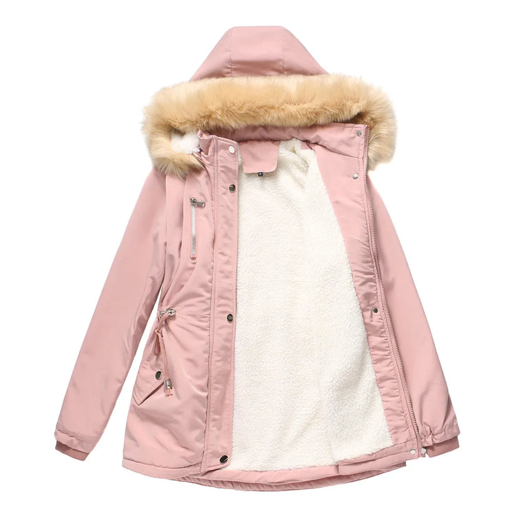 Women's Winter Coat Warm Fleece Lined Parka Detachable Faux Fur Hood Padded Jacket Slim Waist Thick Sherpa Loose Cotton Outwear