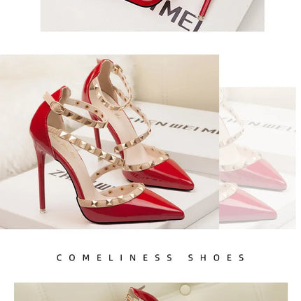 Scarpe tacco alto da donna estive in Europa e America Moda punta a punta bocca superficiale rivetto scava fuori sandali a spillo da discoteca platinumshop