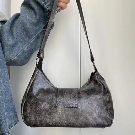 Y2K Vintage Distressed Leather Women Bag Shoulder Bag Maillard Style Underarm Purse Two Tone Crossbody Bag for Women PlatiNum