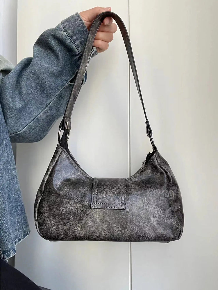 Y2K Vintage Distressed Leather Women Bag Shoulder Bag Maillard Style Underarm Purse Two Tone Crossbody Bag for Women PlatiNum