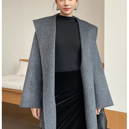 Brushed 100% Wool Coat Women Hooded Belted Wrap Coat Long-Pile Double-Faced Texture Unlined Relaxed Fit Short Coats Fall Winter