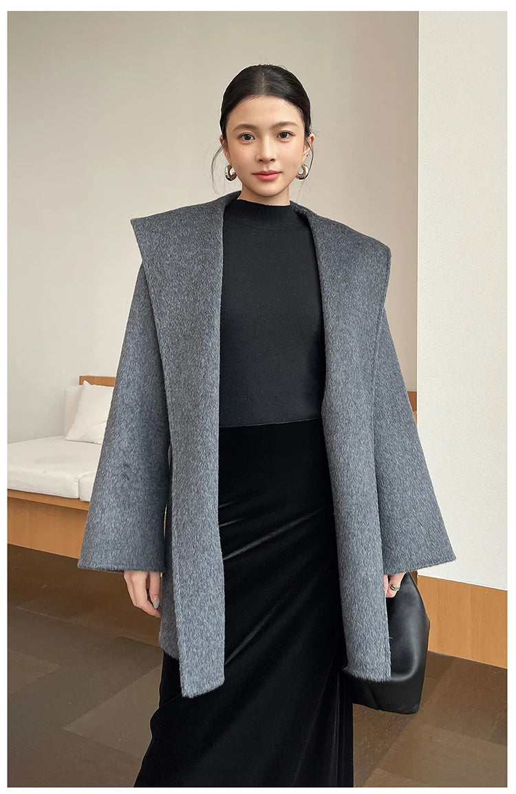 Brushed 100% Wool Coat Women Hooded Belted Wrap Coat Long-Pile Double-Faced Texture Unlined Relaxed Fit Short Coats Fall Winter