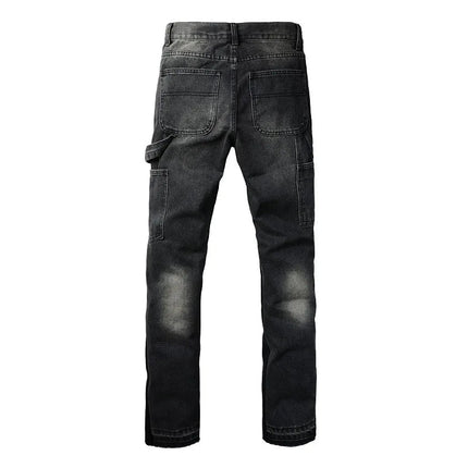 Four Seasons  Men's Casual Spliced Vintage Grey Elastic Jeans Bootcut Pants Trendy Slim Denim Trousers Male Men's Streetwear PlatiNum
