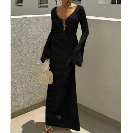 Nuovo stile lavorato a maglia scava fuori scollo a V abito a maniche lunghe da donna vacanza al mare bikini senza schienale copricostume protezione solare abito lungo platinumshop