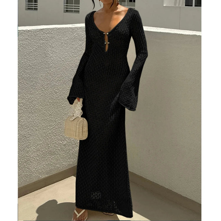 Nuovo stile lavorato a maglia scava fuori scollo a V abito a maniche lunghe da donna vacanza al mare bikini senza schienale copricostume protezione solare abito lungo platinumshop