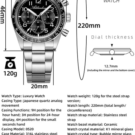 ADDIESDIVE New Chronograph 0S20 Quartz Wristwatch Luxury Men Watch Ceramic Bezel Domed Glass 100m Waterproof BGW9 Luminous