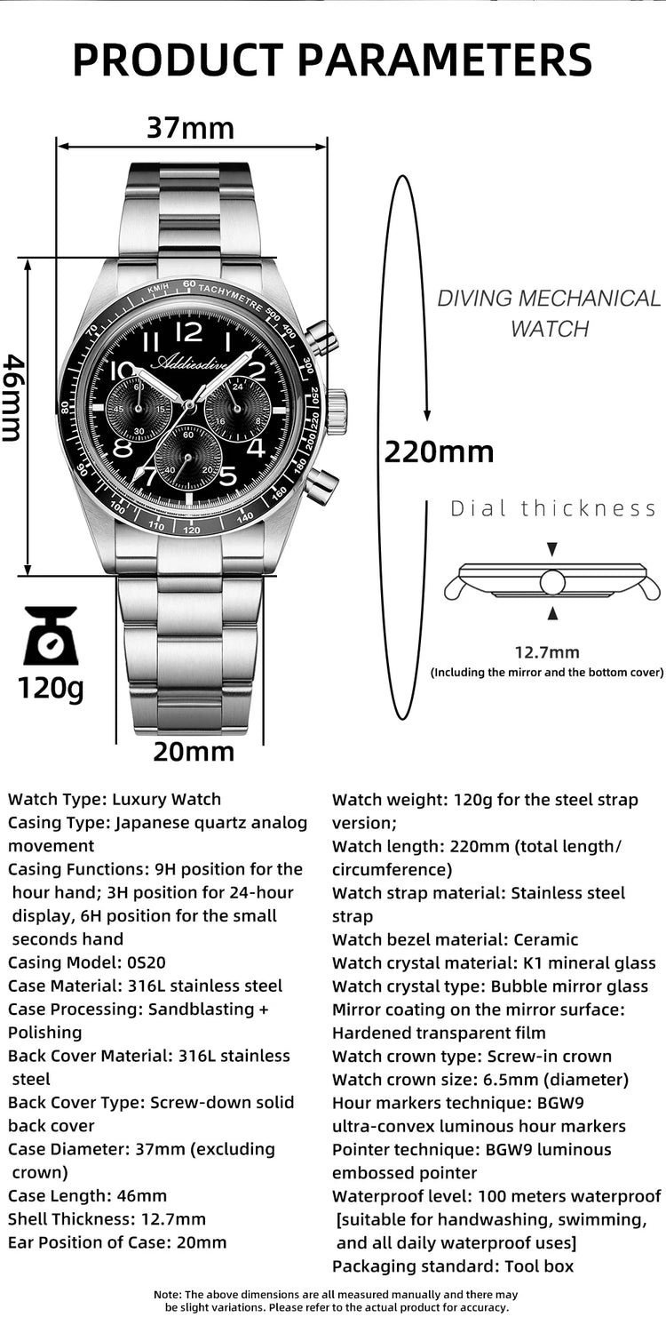 ADDIESDIVE New Chronograph 0S20 Quartz Wristwatch Luxury Men Watch Ceramic Bezel Domed Glass 100m Waterproof BGW9 Luminous