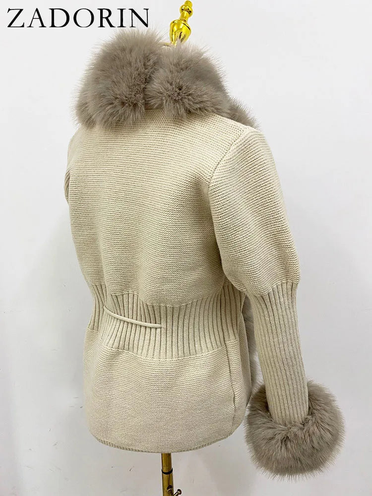ZADORIN Autumn Winter Women Faux Fur Coat Luxury Knitted Sweater Fur Cardigan Detachable Collar White Pink Jacket Faux Fur Coats