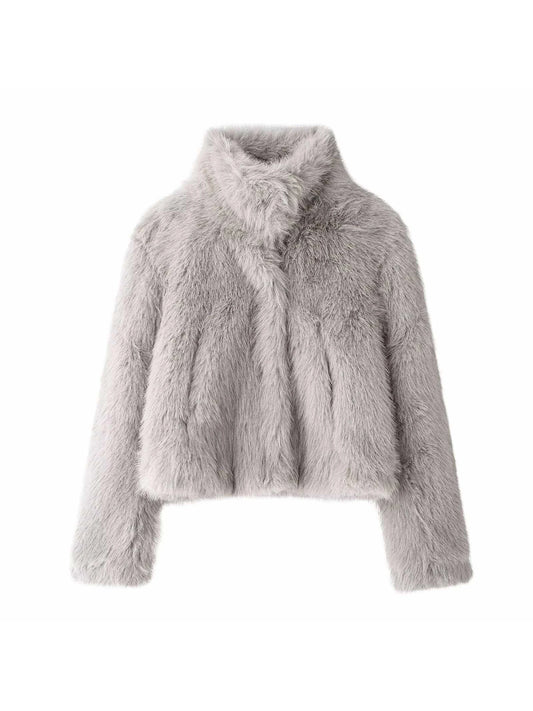 Women Light Grey Cropped Fur Jacket Vintage Harajuku 2000s Emo Teddy Coat Aesthetic Long Sleeve Autumn Jacket Outerwear Clothes