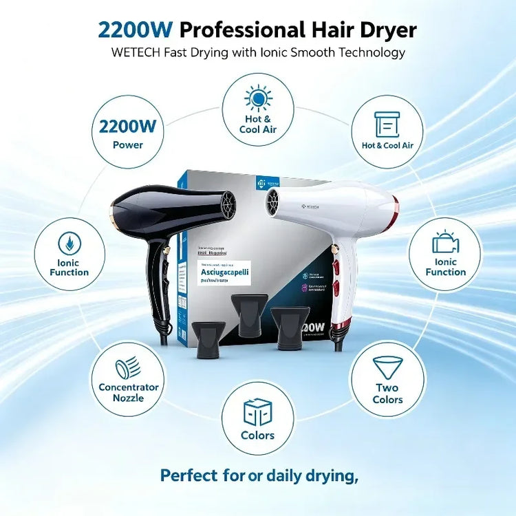 WETECH 2200W Professional Negative Ionic Hair Dryer Dual Voltage 100‑240V Adjustable Hot And Cool Wind Blow Dryer With Concentrator Nozzle Salon Home Hair Styling Tool