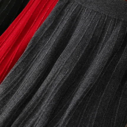 Women's Wool Skirts A-Line Pleated Cashmere Skirt Autumn Winter Elastic Waist 100% Merino Wool Knitted Bright Silk Style Dress PlatiNum