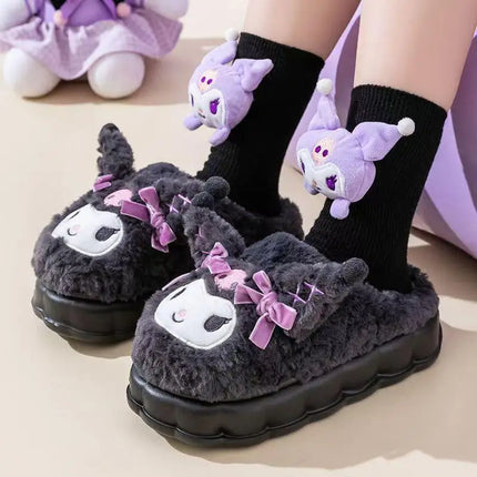 Sanrio Kuromi Kawaii Plush Slippers Women Thick Platform Height Increasing Non-Slip Warm Winter Indoor House Shoes