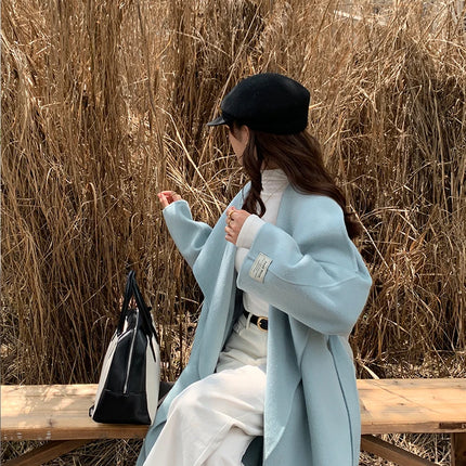 High-end Women Double-sided Wool Long Coat Warm Baby Blue Lapel Loose Double Breasted Wool Coat Female Fashion Autumn Winter