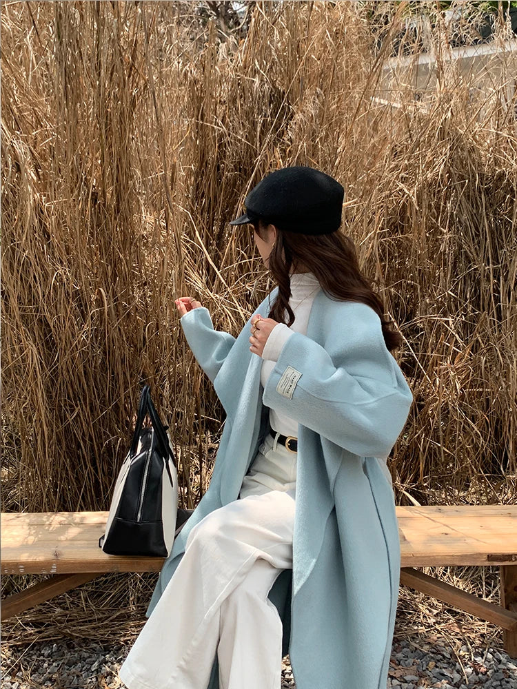 High-end Women Double-sided Wool Long Coat Warm Baby Blue Lapel Loose Double Breasted Wool Coat Female Fashion Autumn Winter