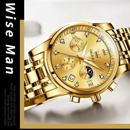 OLEVS 2858 Orologio da Uomo in Acciaio Inossidabile, Impermeabile, Antigraffio, con Fasi Lunari, Luminoso, Cronografo, Orologio da Polso al Quarzo di Lusso platinumshop