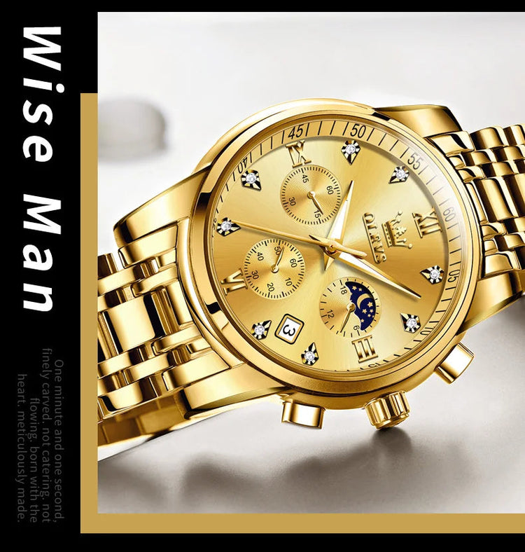 OLEVS 2858 Orologio da Uomo in Acciaio Inossidabile, Impermeabile, Antigraffio, con Fasi Lunari, Luminoso, Cronografo, Orologio da Polso al Quarzo di Lusso platinumshop