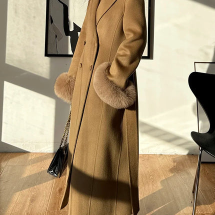 Autumn Winter Korean High-end Real Fox Fur Sleeves Women Black Slim Fit Waist Cinched Double-sided Wool Coat Long Woolen Coat