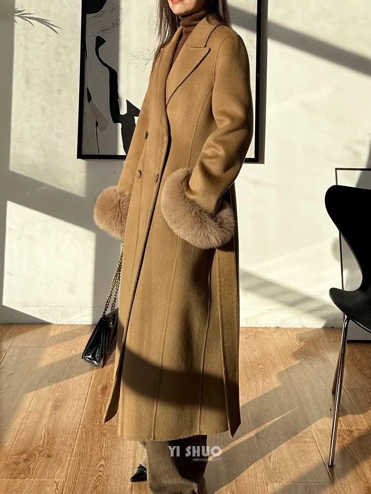 Autumn Winter Korean High-end Real Fox Fur Sleeves Women Black Slim Fit Waist Cinched Double-sided Wool Coat Long Woolen Coat
