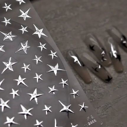 3D Bronzing Laser Silver Irregular Star Nail Decals Metallic Effect Silver Pentagram Nail Decals Adhesive Nail Art Star Stickers